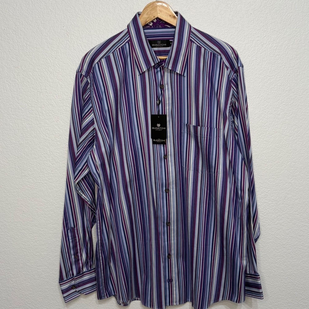 Bugatchi Uomo Mens XL Violet Striped Long Sleeve Button Down Shirt